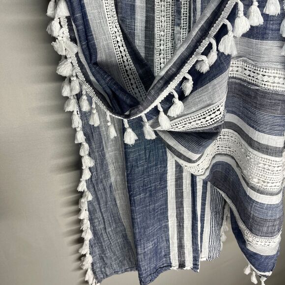 Blue Island Striped Crochet Trim Tassel Caftan Swim Cover Up Dress Coastal Large - Picture 8 of 12